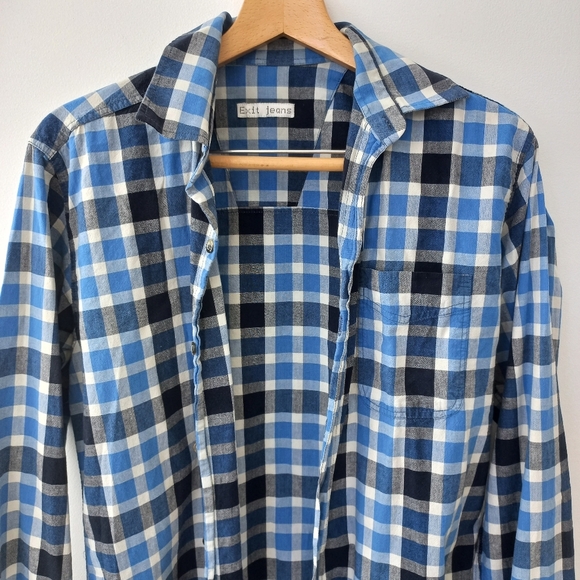 Exit Jeans Men's Blue/Black Checkered Button Down Shirt - Picture 3 of 10